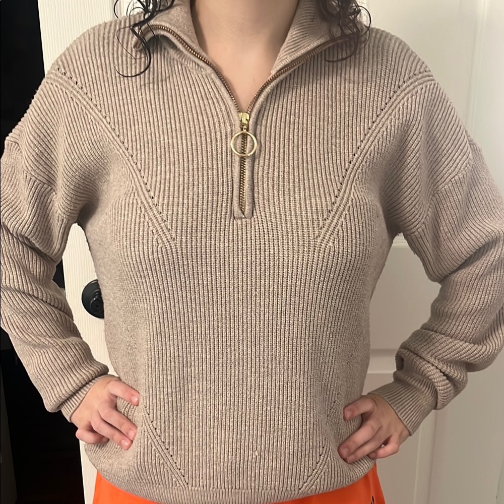 Cyrus Tan Half-Zip Cowl Sweater